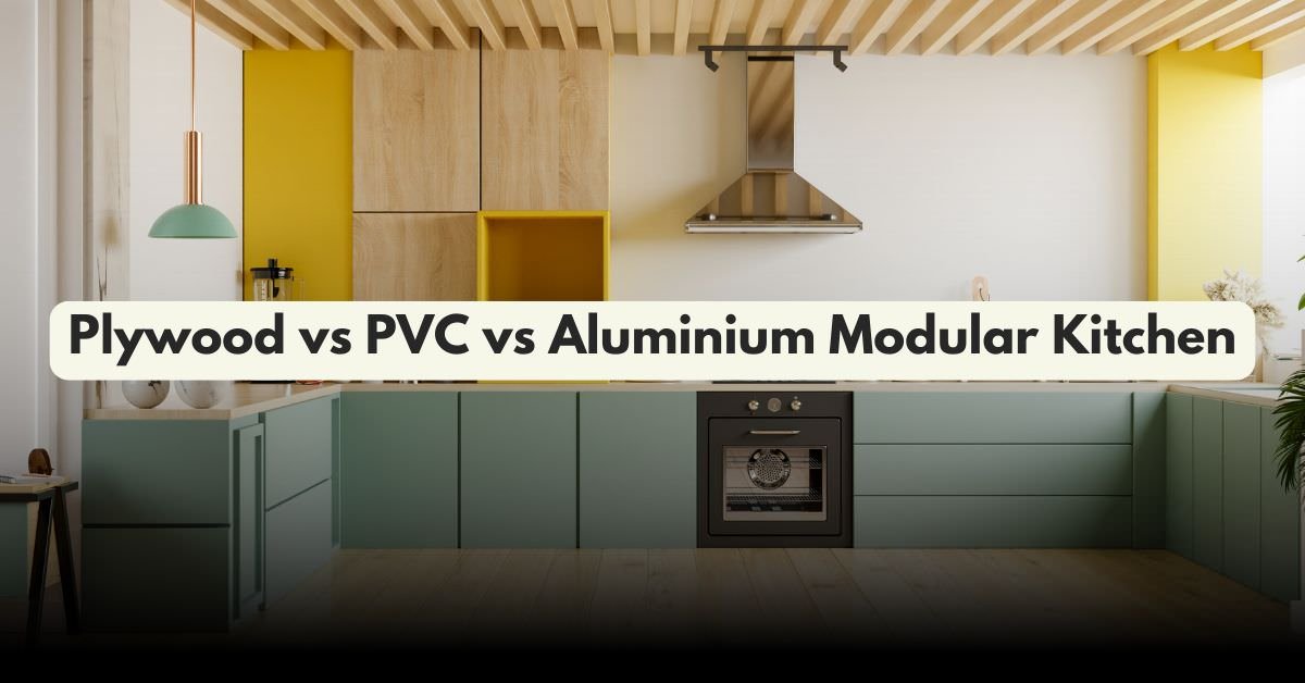 Modern modular kitchen showcase comparing plywood, PVC, and aluminium materials with sleek design elements