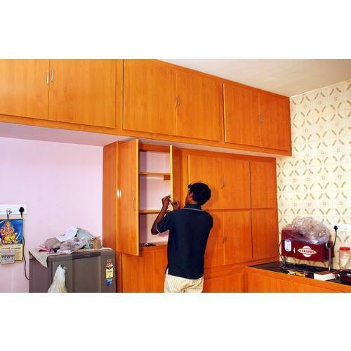 Contemporary PVC modular kitchen with white waterproof cabinets for 2BHK home