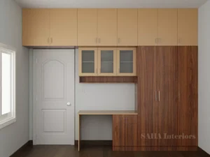 Modern 3-door hinged wardrobe with study desk and loft by SAHA Interiors Chennai.