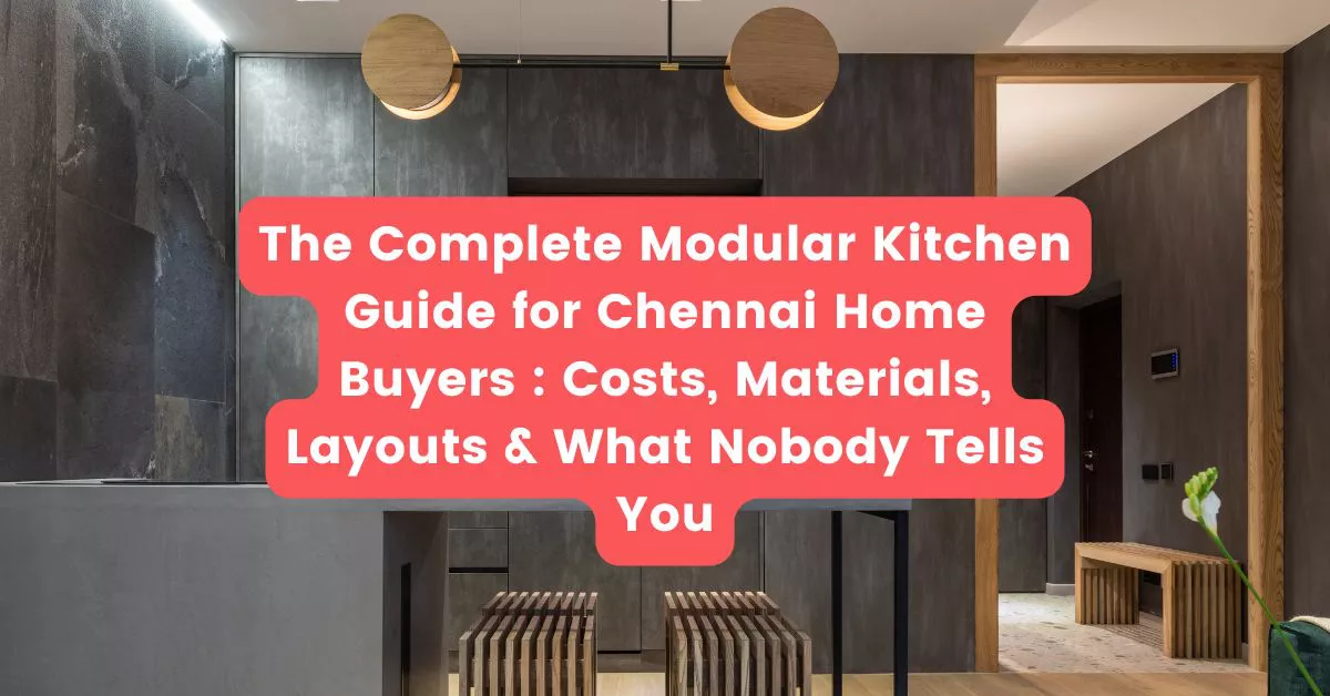 Modern modular kitchen design in Chennai apartment featuring BWP plywood cabinets and quartz countertop by SAHA Interiors